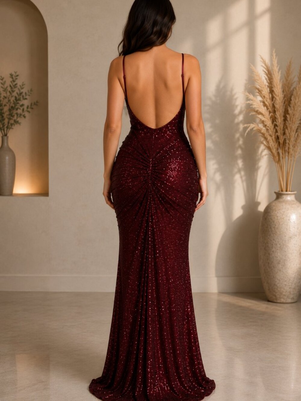 MESHKI Elegant Wine-Red Ruched Backless Evening Dress All Sizes Available - Picture 2 of 7